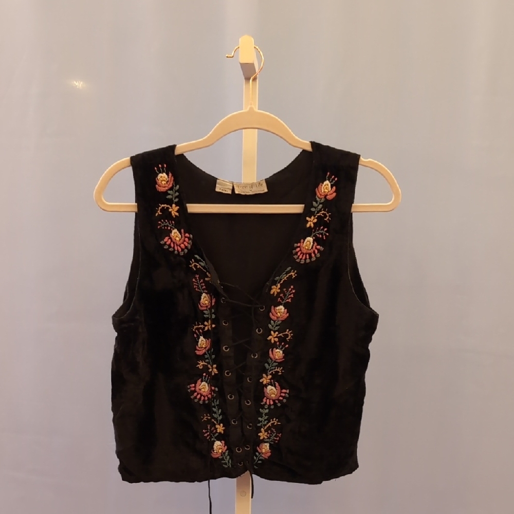 Tree of Life Black Floral Embroidered Lace-Up Blouse